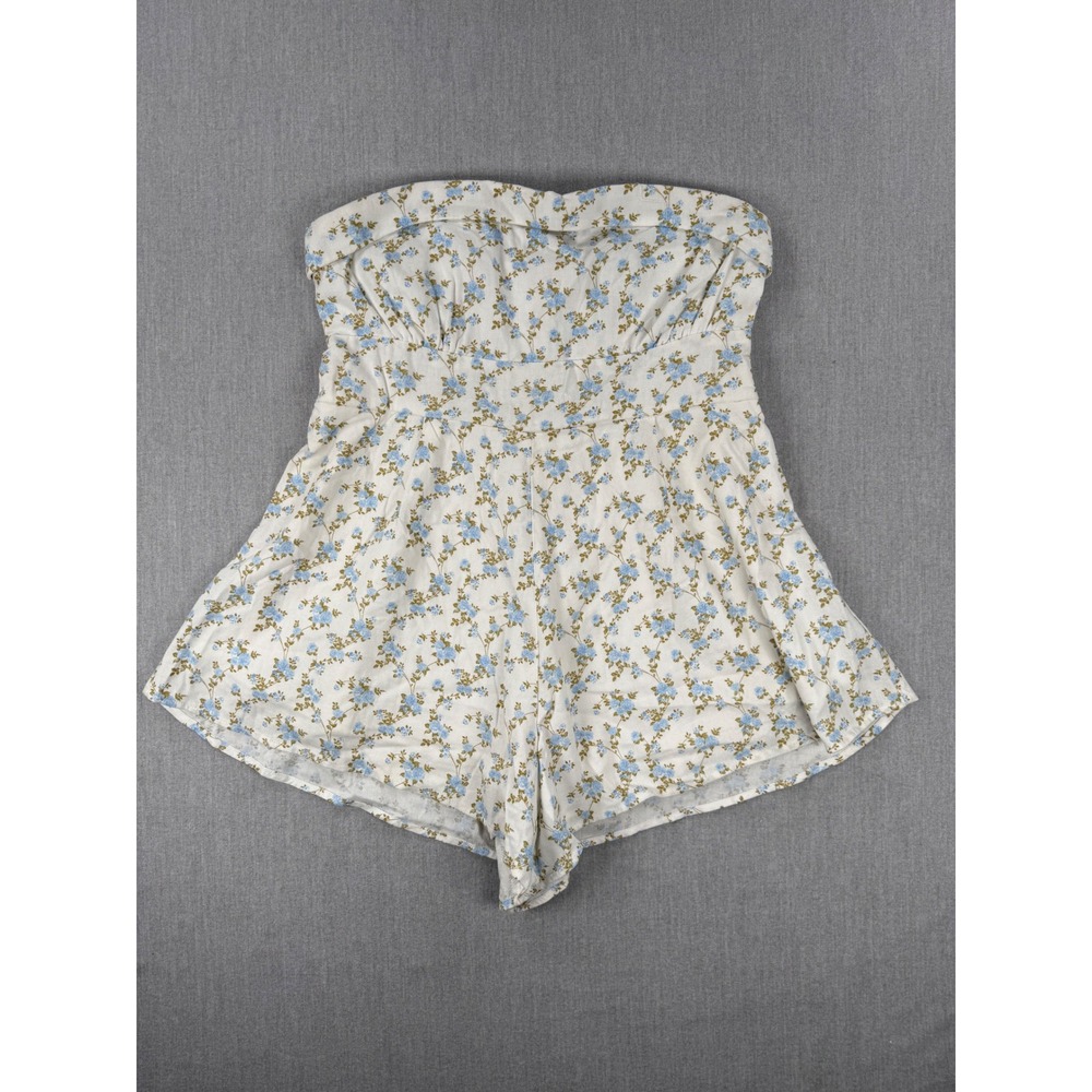 Altar'd State Allie Strapless Floral Romper Blue Ivory Rayon Linen Blend XL